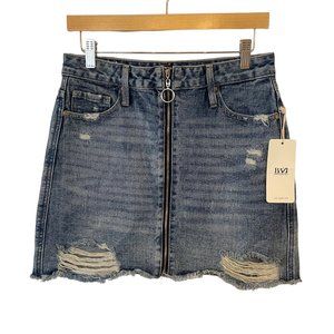 NWT American Bazi Womens Size M Denim Jean Skirt Full Zip Front Distressed Mini